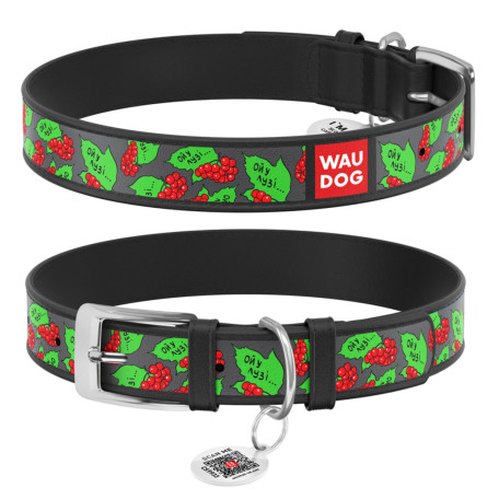 Шкіряний нашийник для собак WAUDOG Design з малюнком "Калина", чорна шкіра Шкіряний нашийник для собак WAUDOG Design з малюнком "Калина", чорна шкіра