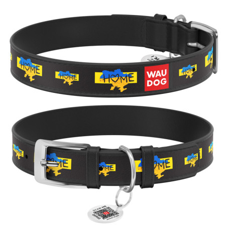 Шкіряний нашийник для собак WAUDOG Design з малюнком "Дім", чорна шкіра