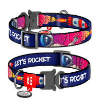 Нашийник для собак нейлоновий WAUDOG Nylon c QR паспортом, малюнок "Космос. Ракета", металевий фастекс