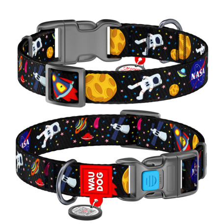 Ошейник для собак нейлоновый WAUDOG Nylon c QR-паспортом, рисунок "NASA", пластиковый фастекс